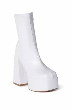AZALEA WANG BE YOUR GIRL CHUNKY PLATFORM BOOTIE WITH 4 WAY STRETCH IN WHITE -Azalea Wang store azalea wang be your girl chunky platform bootie in white white 3 3