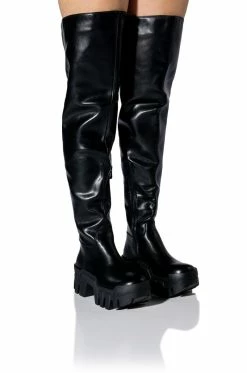 AZALEA WANG BIG STEPPER THIGH HIGH FLATFORM BOOT IN BLACK
