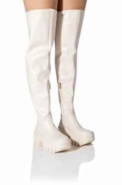 AZALEA WANG BIG STEPPER THIGH HIGH FLATFORM BOOT IN CREAM