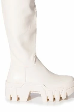 AZALEA WANG BIG STEPPER THIGH HIGH FLATFORM BOOT IN CREAM -Azalea Wang store azalea wang big stepper thigh high flatform boot in cream cream 5 5