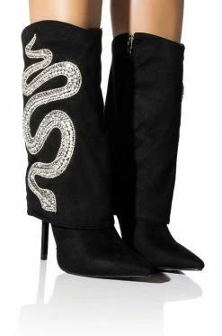 AZALEA WANG BOLD BLING RHINESTONE SNAKE FOLD OVER BOOTIE IN BLACK