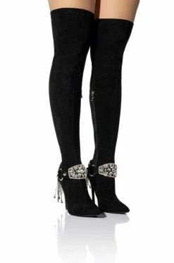 AZALEA WANG CAESAR KNEE HIGH RHINESTONE FRINGE BOOT IN BLACK
