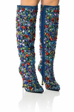 AZALEA WANG EMBER RHINESTONE DENIM STILETTO BOOT IN MULTI