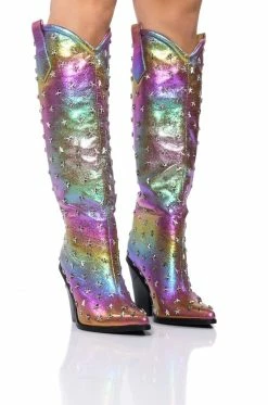 AZALEA WANG FREYA STAR STUDDED IRIDESCENT WESTERN BOOT IN PURPLE