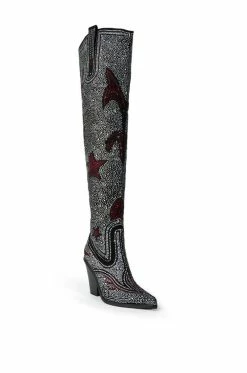AZALEA WANG GO WITH THE FLOW WESTERN THIGH HIGH CHUNKY HEEL BOOT -Azalea Wang store azalea wang go with the flow western thigh high chunky heel boot black 5 5