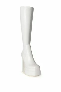 AZALEA WANG MAXINE CHUNKY PLATFORM BOOT WITH 4 WAY STRETCH IN WHITE -Azalea Wang store azalea wang maxine chunky platform boot with 4 way stretch in white white 3 3
