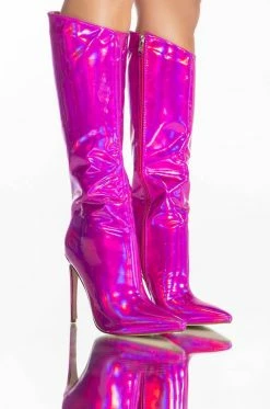 AZALEA WANG DON'T WANNA FALL IN LOVE HOLOGRAPHIC STILETTO BOOT IN PINK