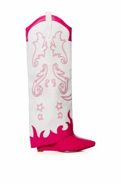 AZALEA WANG OUTLAND WESTERN WEDGE BOOT IN FUCHSIA WHITE