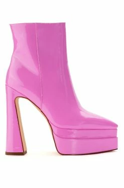 AZALEA WANG ROSETTE PATENT CHUNKY BOOTIE IN PINK -Azalea Wang store azalea wang rosette patent chunky bootie in pink pink 2 2