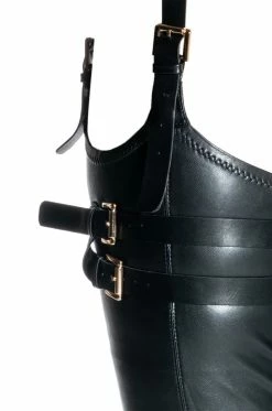 AZALEA WANG SEXY BELTED STRETCH PU STILETTO BOOT WITH 4 WAY STRETCH IN BLACK -Azalea Wang store azalea wang sexy belted stretch pu stiletto boot in black black 5 5