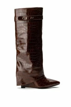 AZALEA WANG STUCK ON YOU FOLD OVER WEDGE BOOT IN BROWN CROC