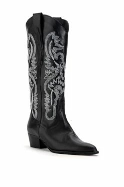 GENUINE LEATHER IGGY METALLIC WESTERN STYLE BELOW THE KNEE BOOT IN BLACK -Azalea Wang store iggy metallic western style below the knee boot in blackwhite black 3 3