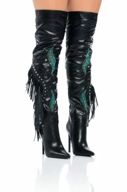 NEXT UP RHINESTONE OVER THE KNEE STILETTO BOOT WITH FRINGE IN BLACK